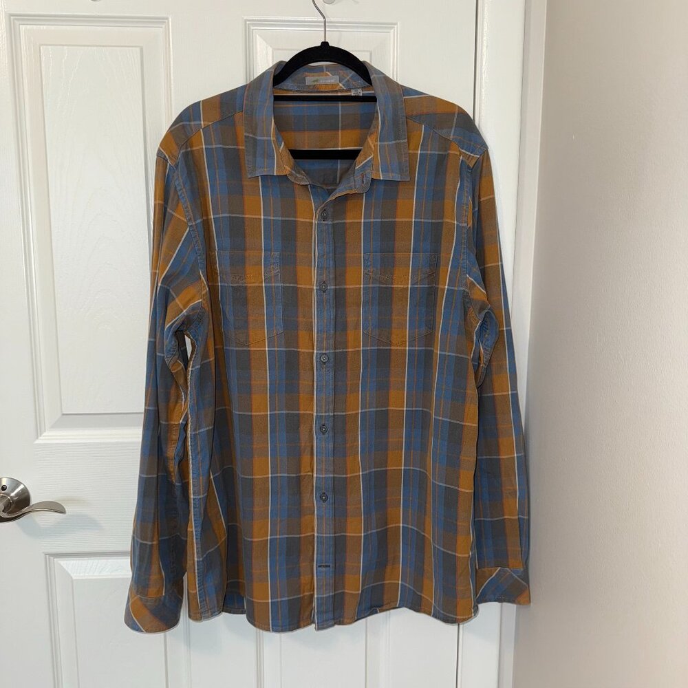 Horny Toad Men's Plaid Mojo Button-Down Long-Sleeve Size XL Orange Blue Tan